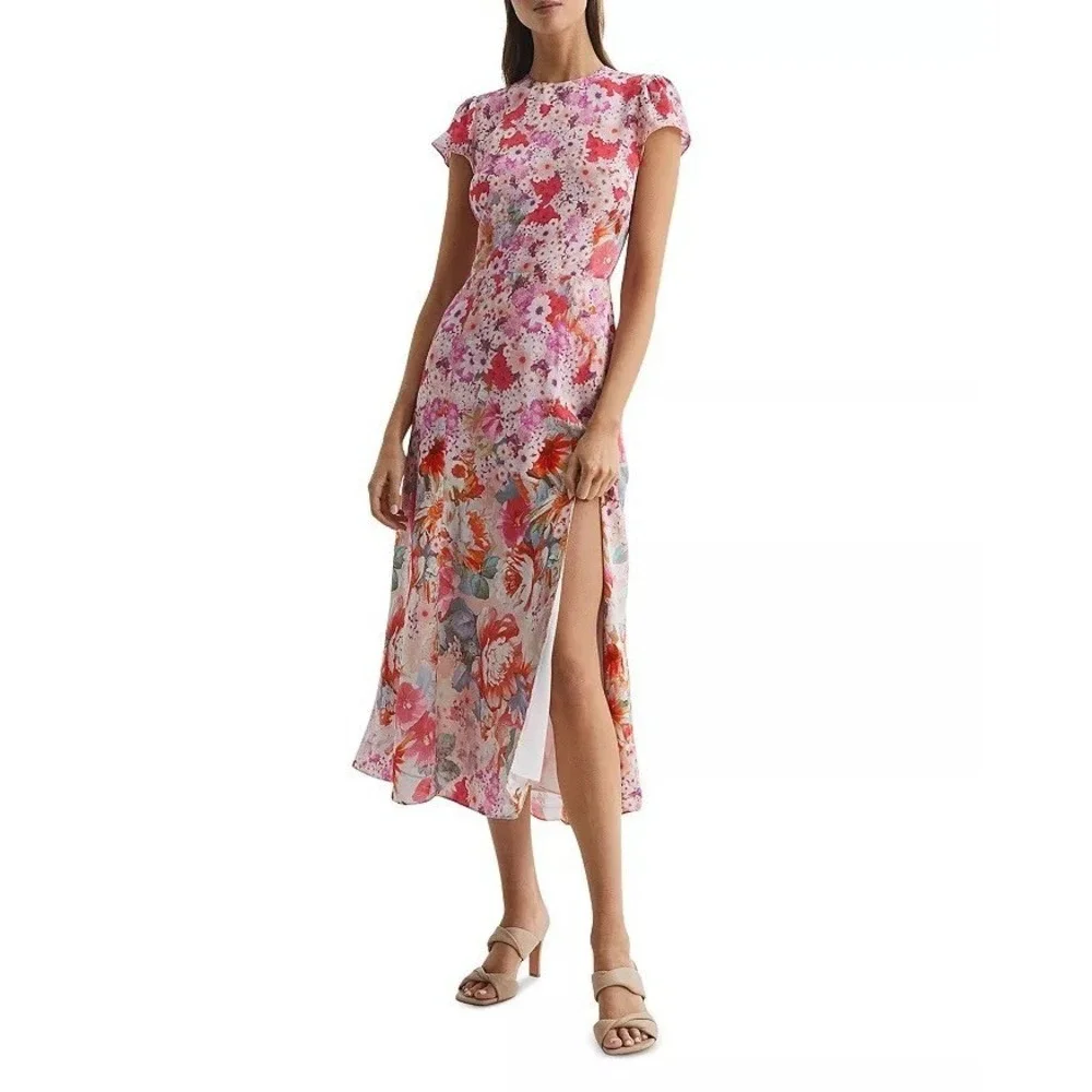 Reiss NWT Floral Ombre Midi Dress US 8 Pink Multicolor Slit Wedding Guest $290 - Picture 3 of 14